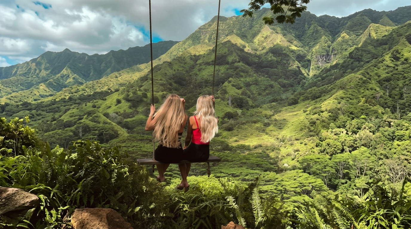 girls on a swing in Kauai